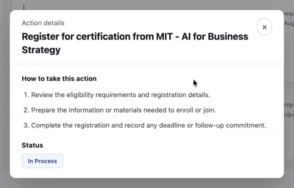 An action in Levii to register for an MIT AI for Business Strategy certification, with three how-to steps and an In Process status.