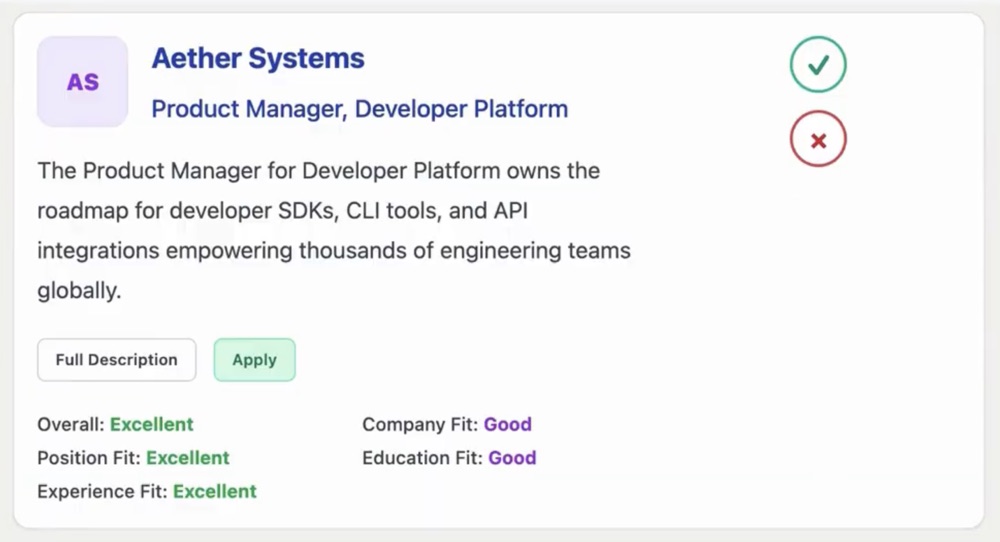 A Levii job match for a product manager role, rated Excellent overall, with separate ratings for position, experience, company and education fit.