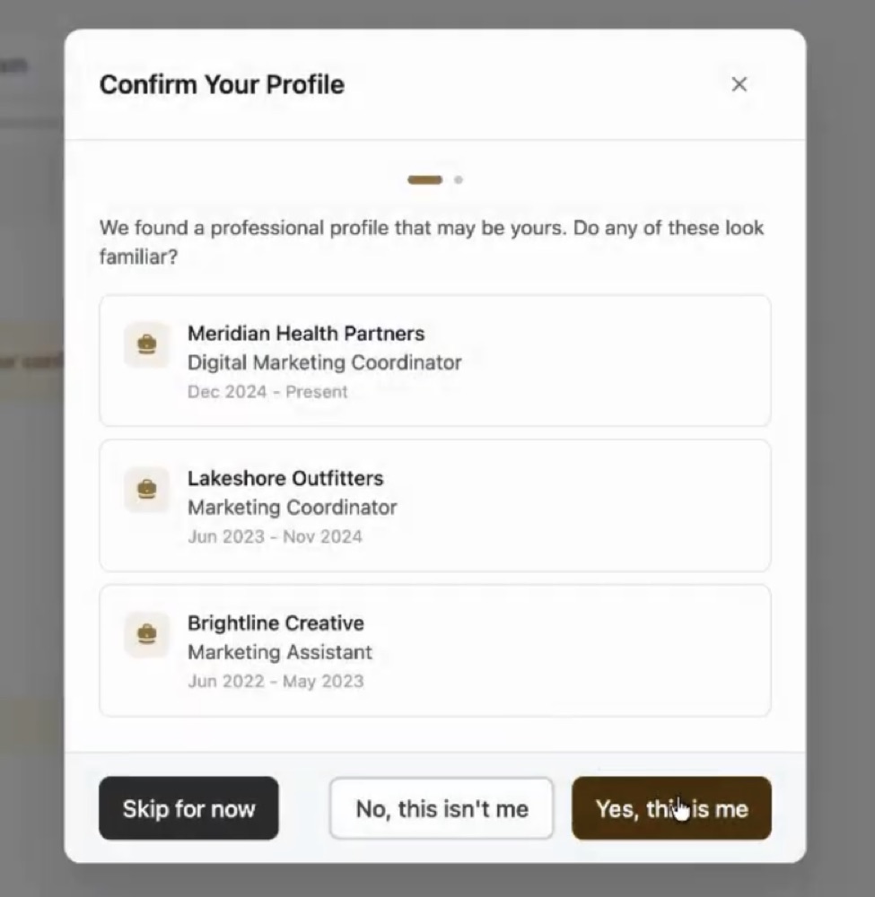 Levii's Confirm Your Profile dialog listing three past roles it found, with buttons to confirm, reject or skip.